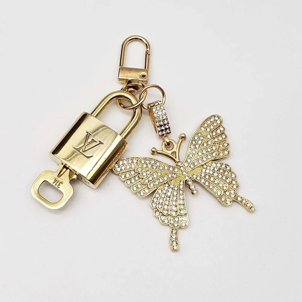 LV Authentic Gold Lock & Key 🔑 Luxury Bag Charm w/ Unbranded Butterfly Keychain